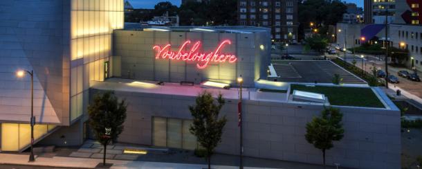 Aerial shot of the ICA with the words You Belong Here near the top of the building
